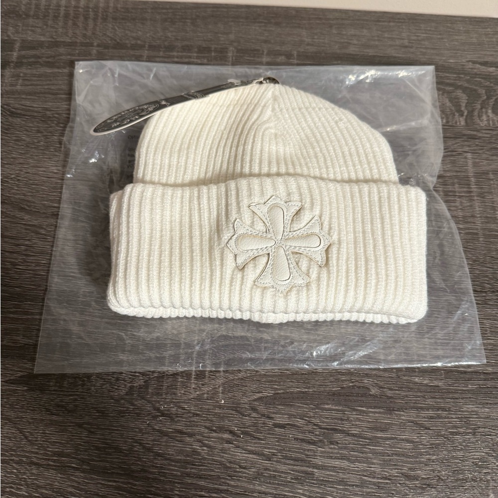 White Ribbed Kids Beanie with Cross Design